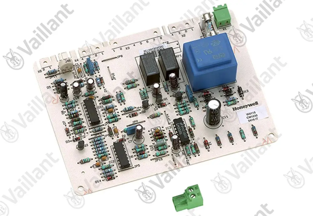 Platine der Marke Vaillant mit elektronischen Komponenten, Widerständen, Kondensatoren und Relais, verwendet in Heizungssteuerungen und ähnlichen Anwendungen.